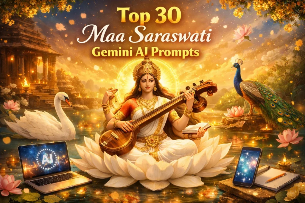 Top 30 Maa Saraswati Gemini AI Prompts | Glowing & Divine AI Art Ideas
