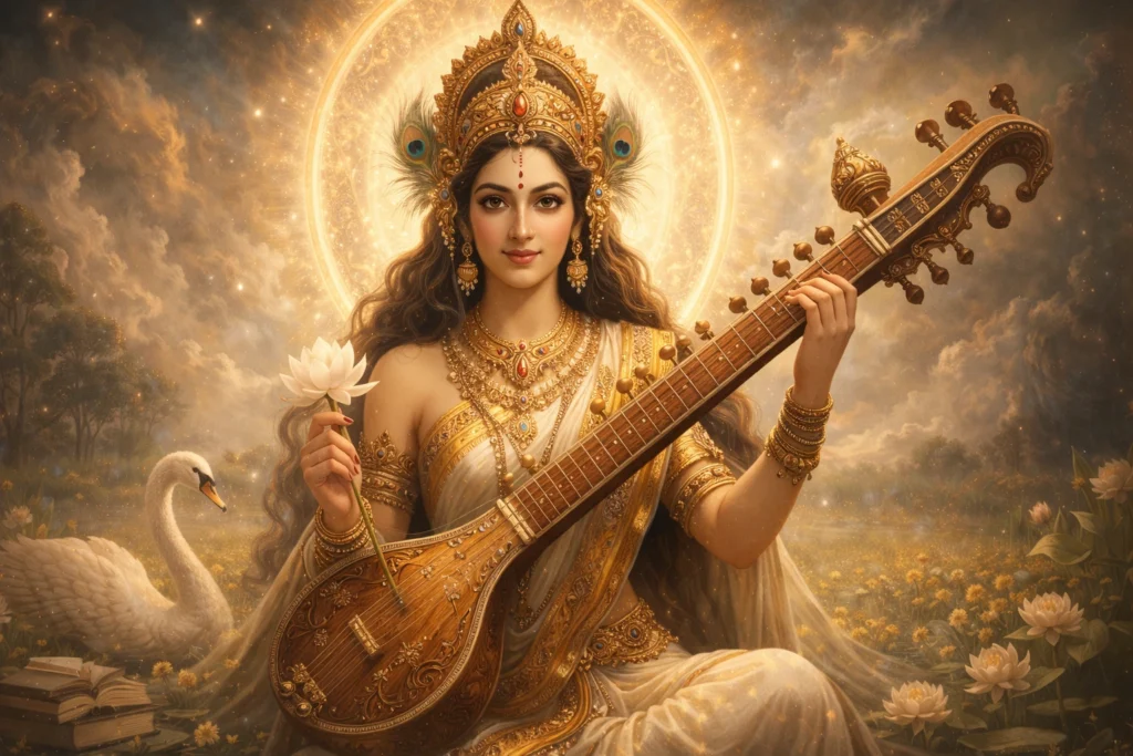 Top 30 Maa Saraswati Gemini AI Prompts | Glowing & Divine AI Art Ideas