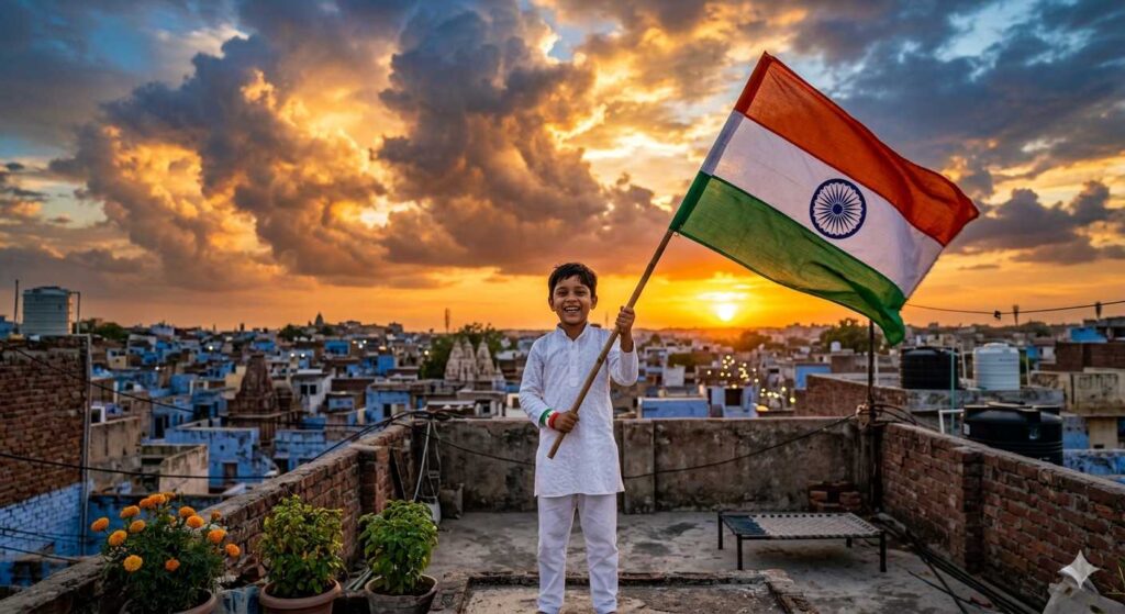 Indian boy standing on rooftop holding Tiranga, dramatic clouds, sunset lighting, ultra realistic