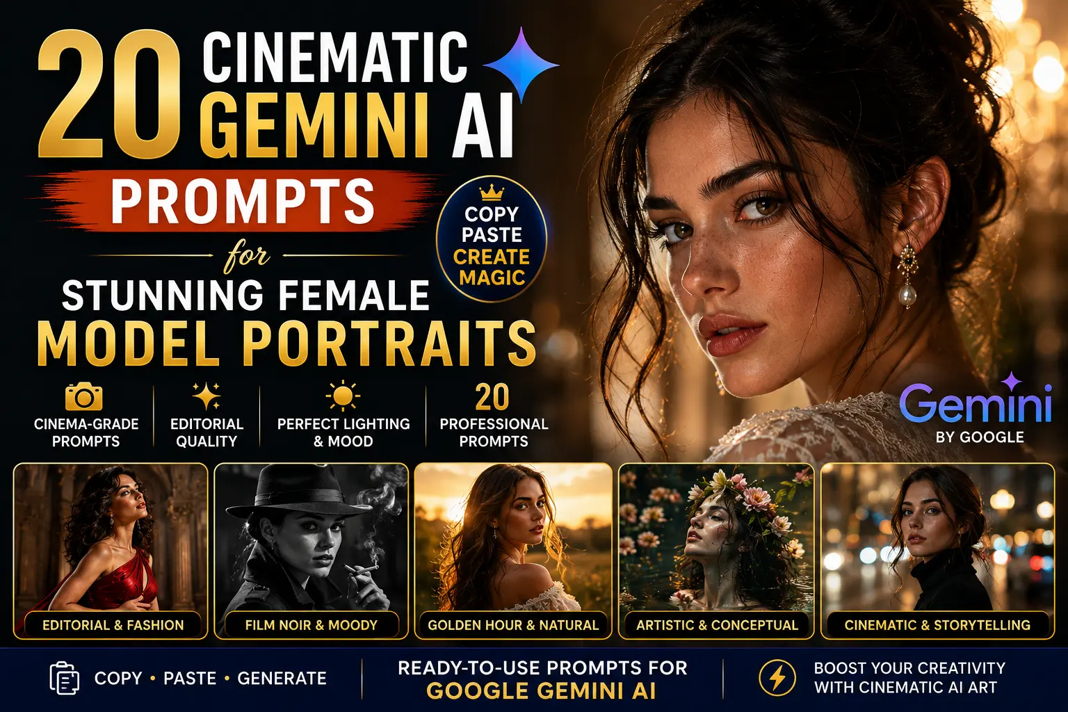 20 Cinematic Google Gemini AI Prompts for Stunning Female Model Portraits