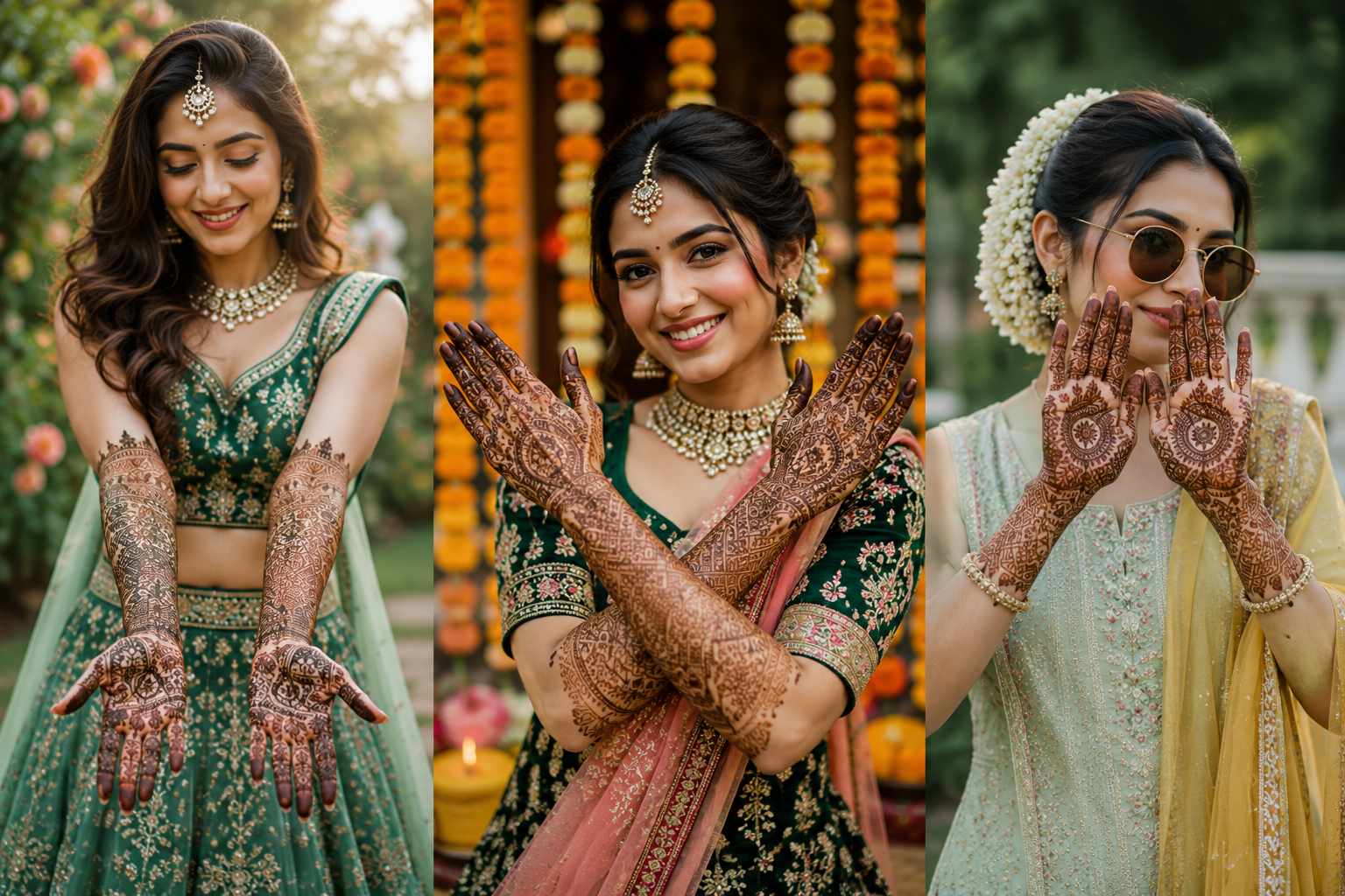 Discover 30+ beautiful Mehndi girl AI prompts featuring full hand henna designs, elegant lehengas, bridal poses, and cinematic wedding portraits for stunning AI-generated images.